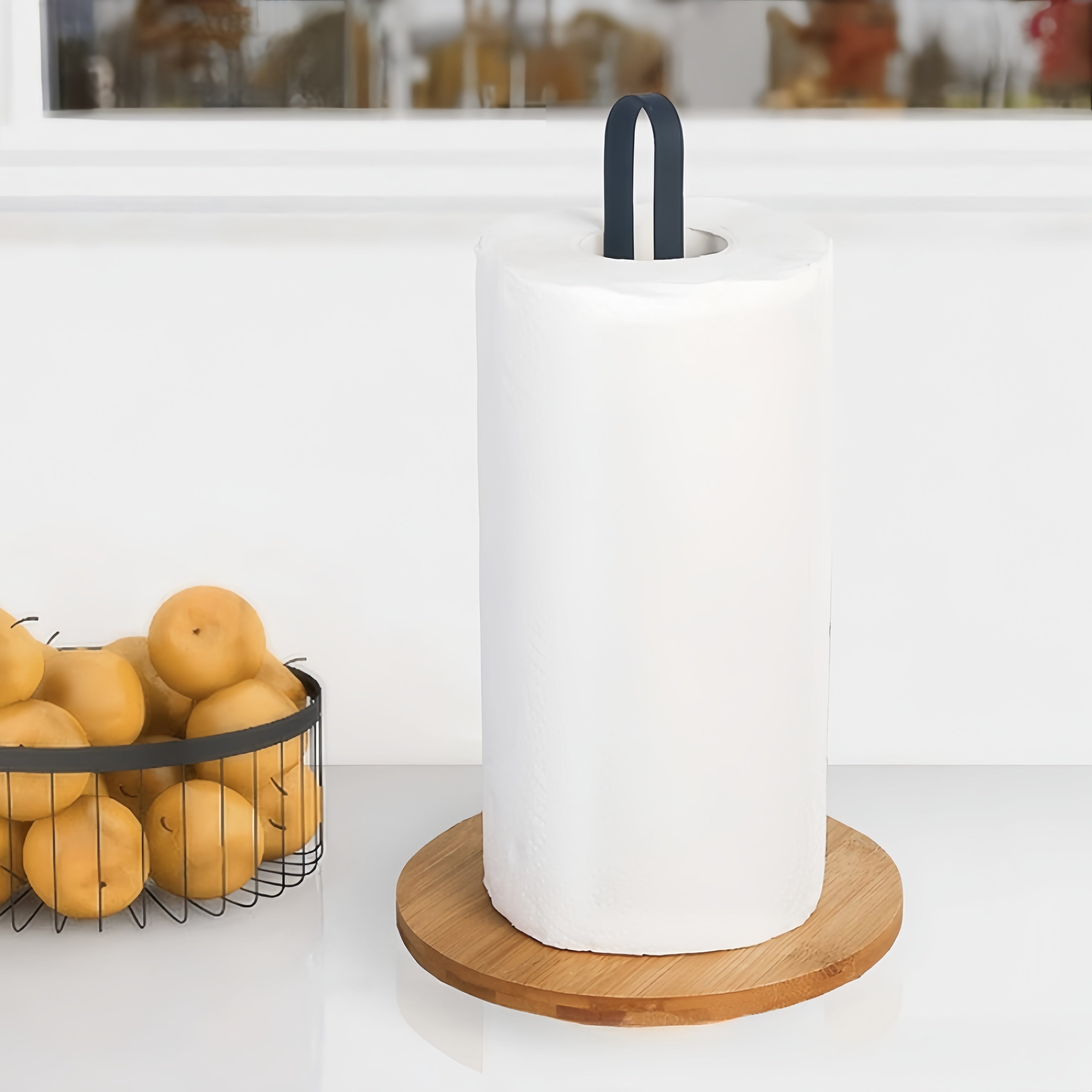 Qora bambuk va metall oshxona qog'oz sochiq tutqichli vertikal stol usti saqlash qismi