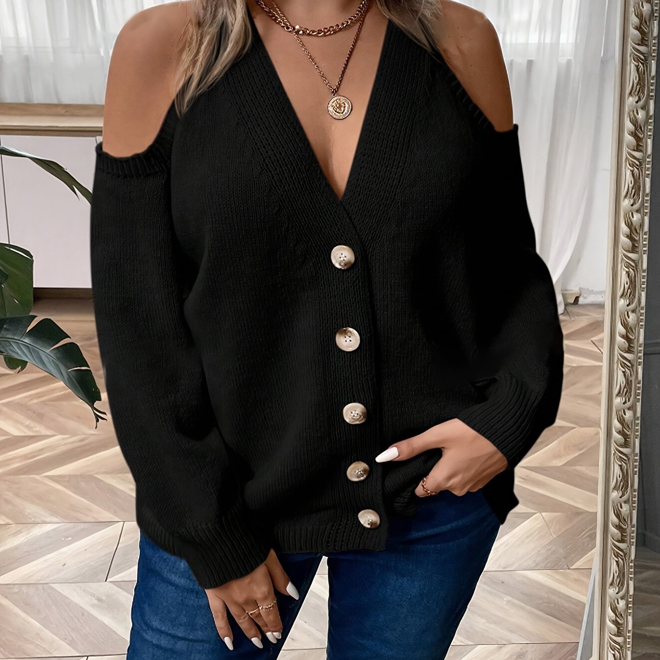 Кардиган женский большого размера с V-образным вырезом, искусственные пуговицы, длинные рукава, вязаный свитер
