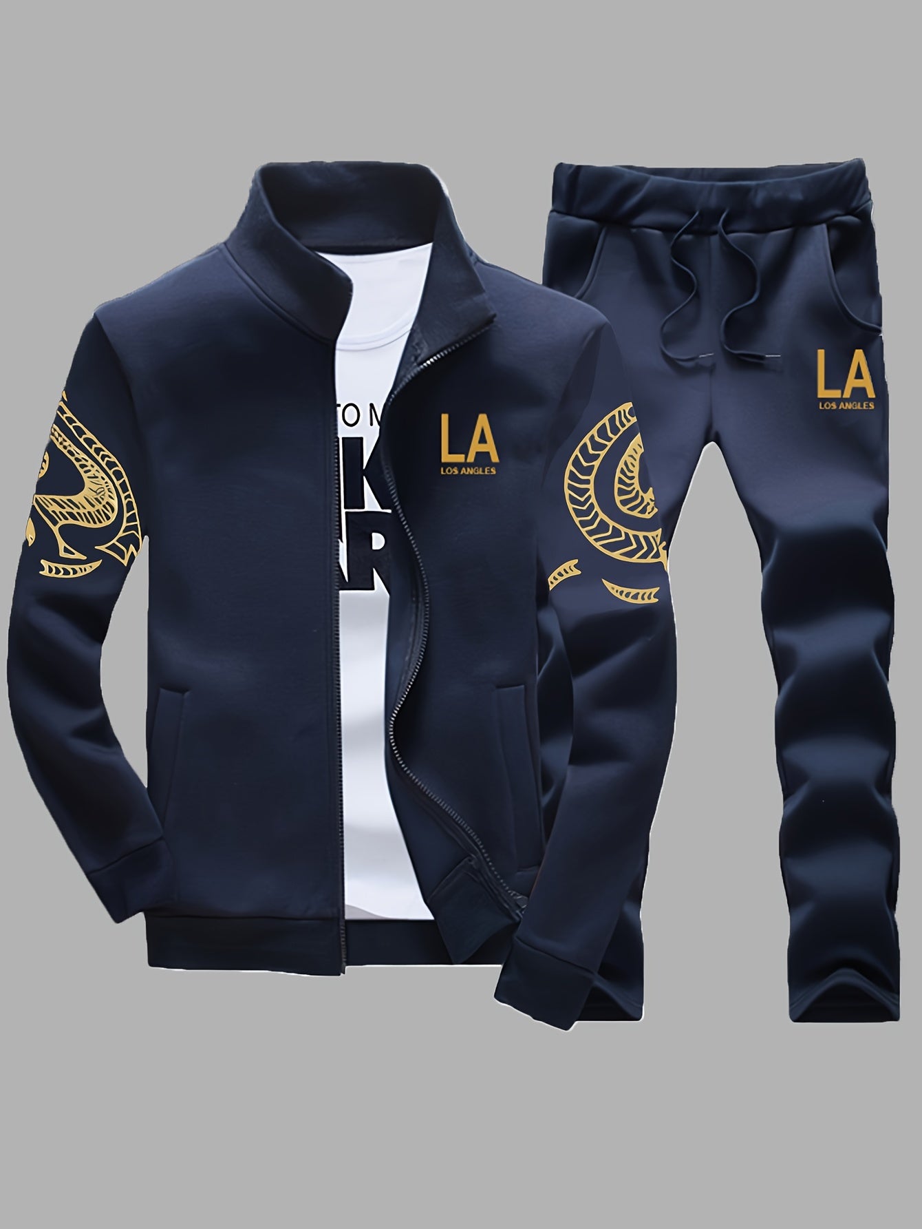 Erkaklar uchun bosma tasodifiy to'plam, bahor/kovak uchun turli xil ko'ylak va zip-up jakketi bilan polyester sviter va joggerlarni o'z ichiga oladi.