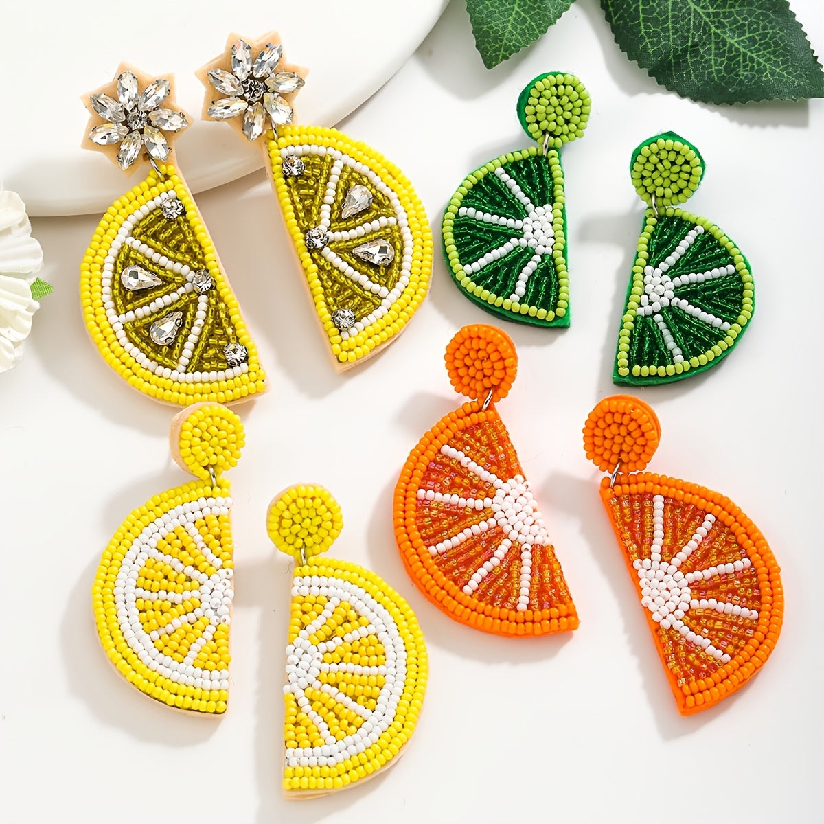 Beaded Fruit Earrings Summer Lemon Orange Boho Style Stainless Steel Posts for Women