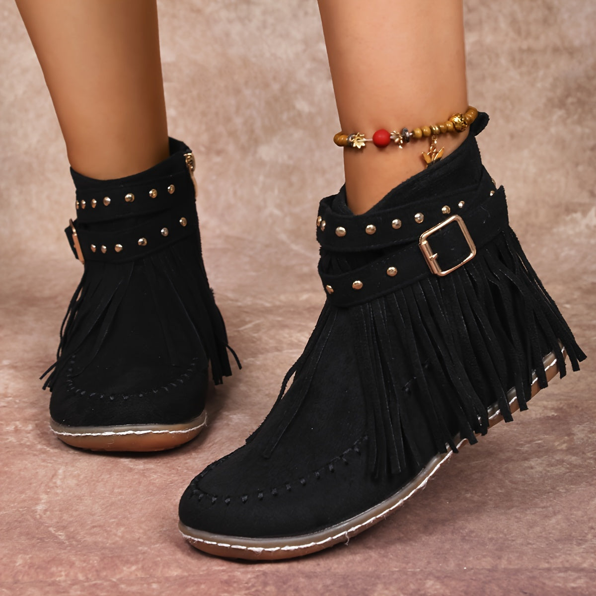 Women’s Western Ankle Boots with Fringe Beige Fabric Flat Heel Slip-On