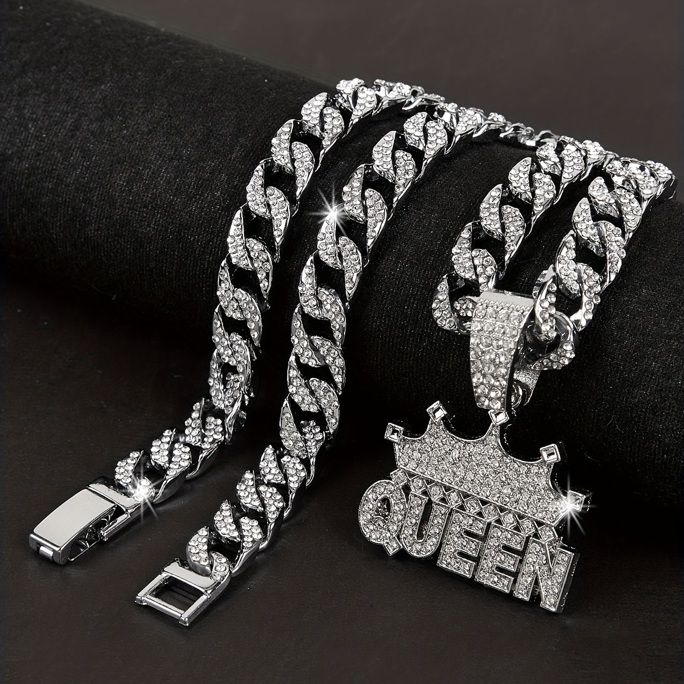 Women's Cuban Link Chain Necklace with Crown Queen Pendant Rhinestones Hip Hop Style