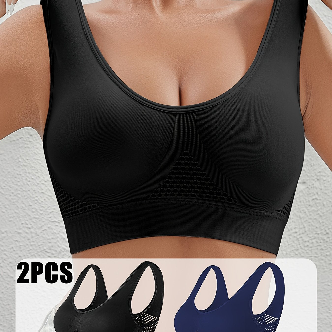 Women’s Sports Bras Breathable Mesh No Underwire Plus Size Black Blue 2pcs