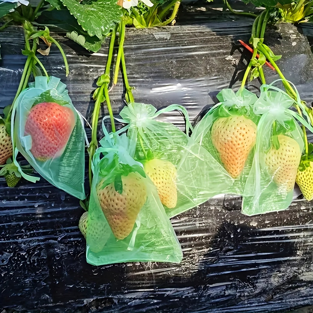 Green Breathable Mesh Fruit Protection Bags 100pcs with Drawstring for Grapes Strawberries Lemons