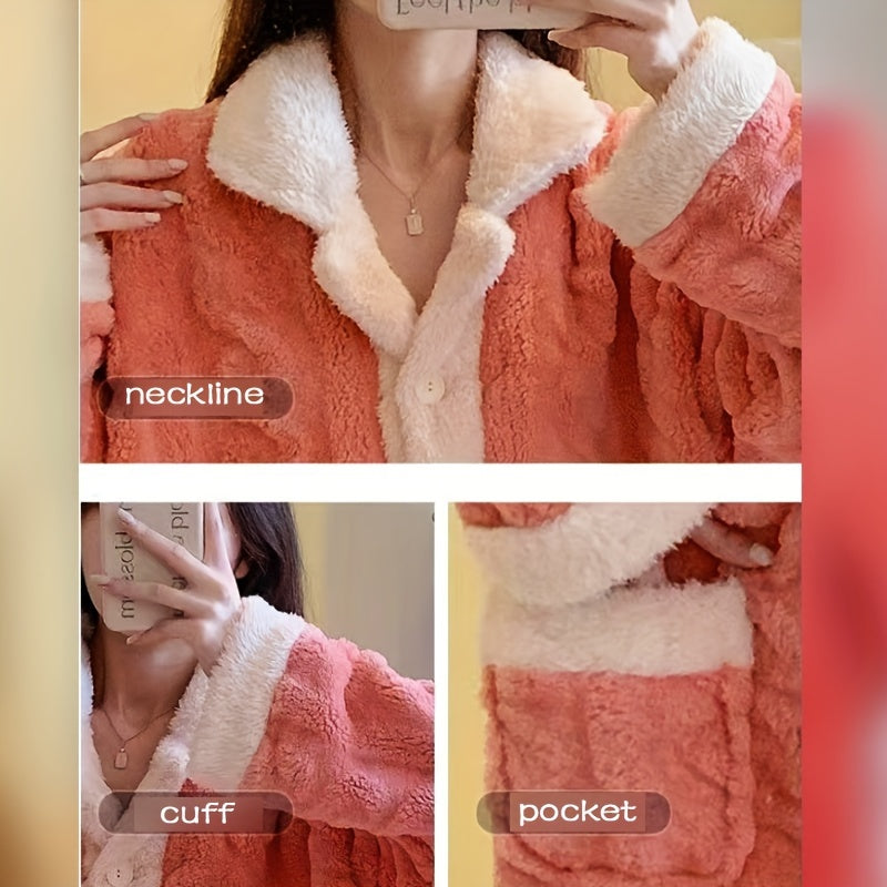 Pink Coral Velvet Women's Bathrobe with Contrast Trim Cozy Lounge Wear