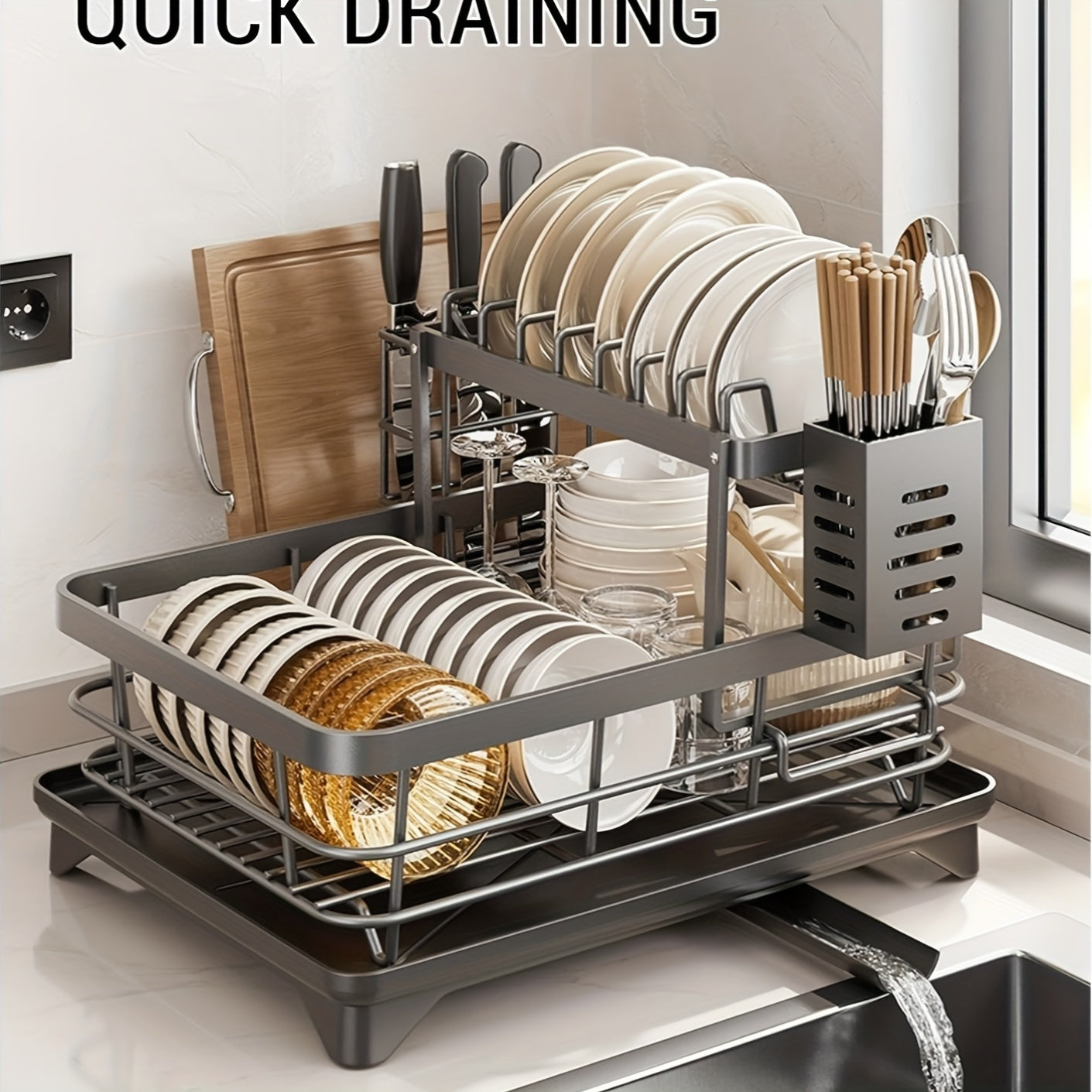 Black Iron 2-Tier Kitchen Dish Rack with Drainboard Utensil Holder and Foldable Design