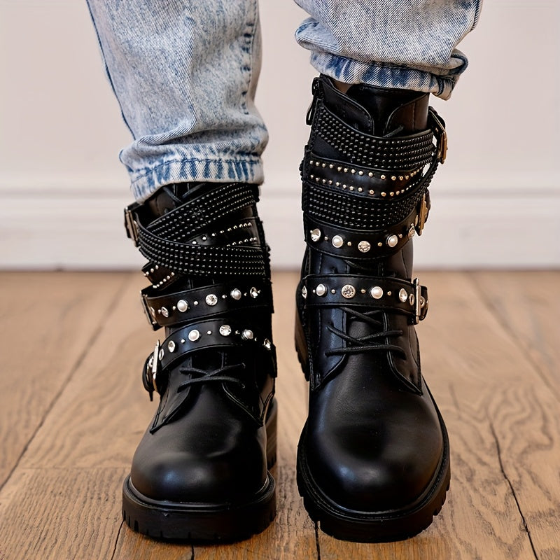 Women's Gothic Punk Motorcycle Boots Faux Leather Chain Zipper Black Chunky Platform