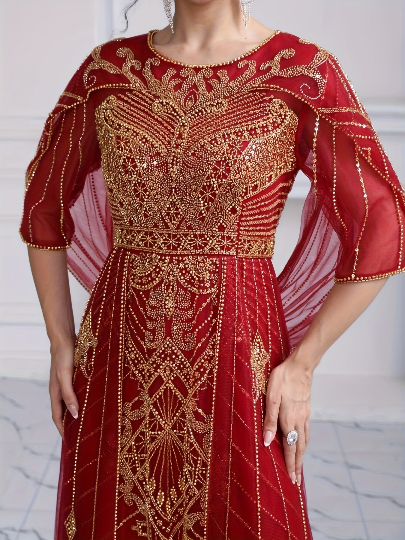 Women's Sequin Beaded Embroidery Evening Dress Fitted Bodice Wedding Gown