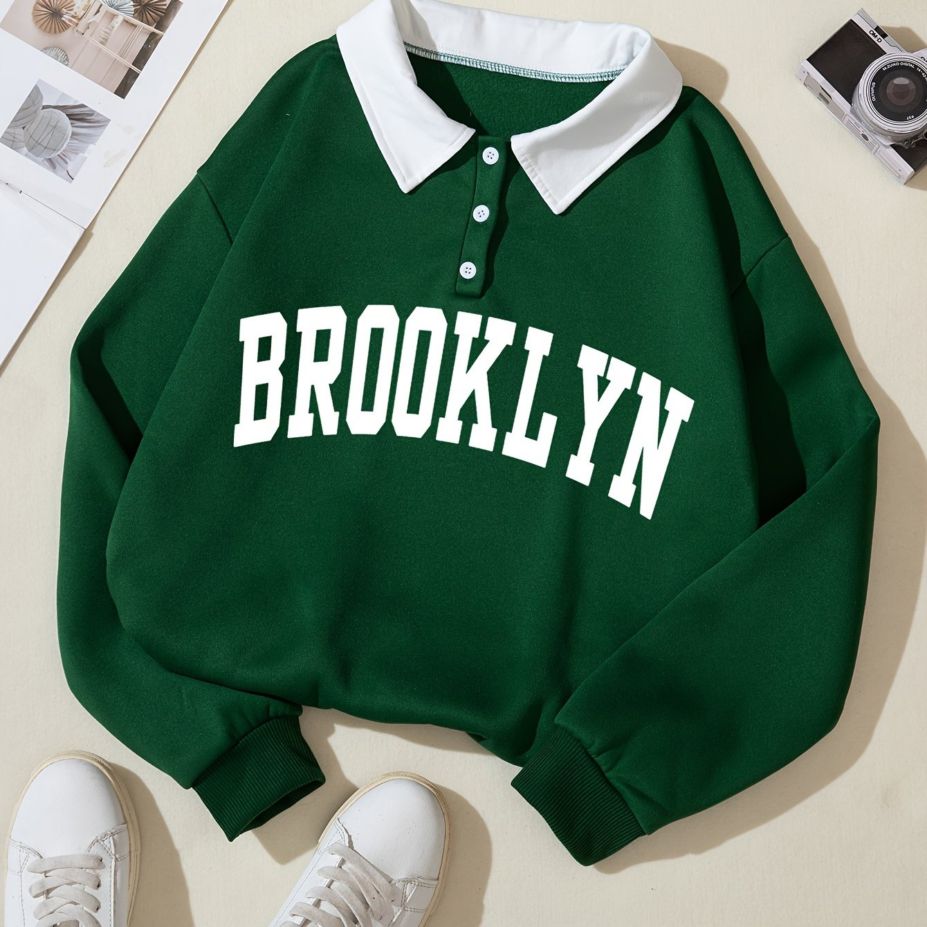 Women's All-Season Polyester Sweatshirt with Letter Print and Button Detail