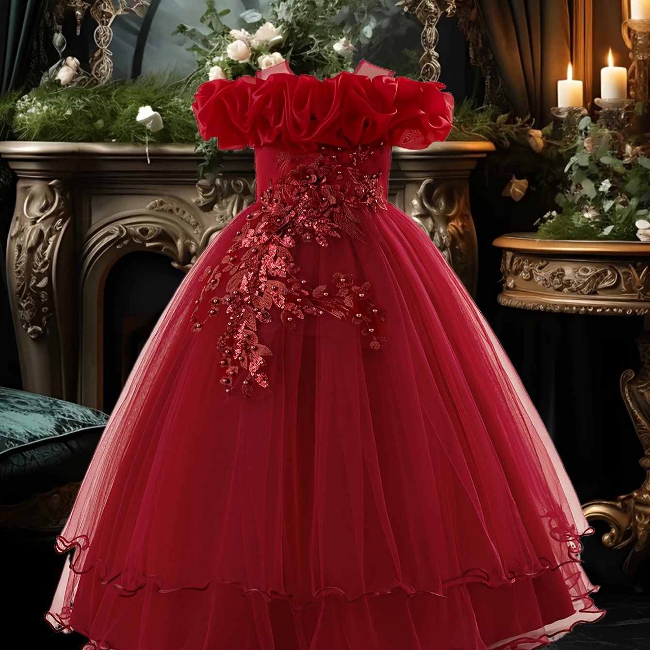 Girls' Long Embroidered Off-Shoulder Princess Dress with Pearl Tassels for Weddings and Parties