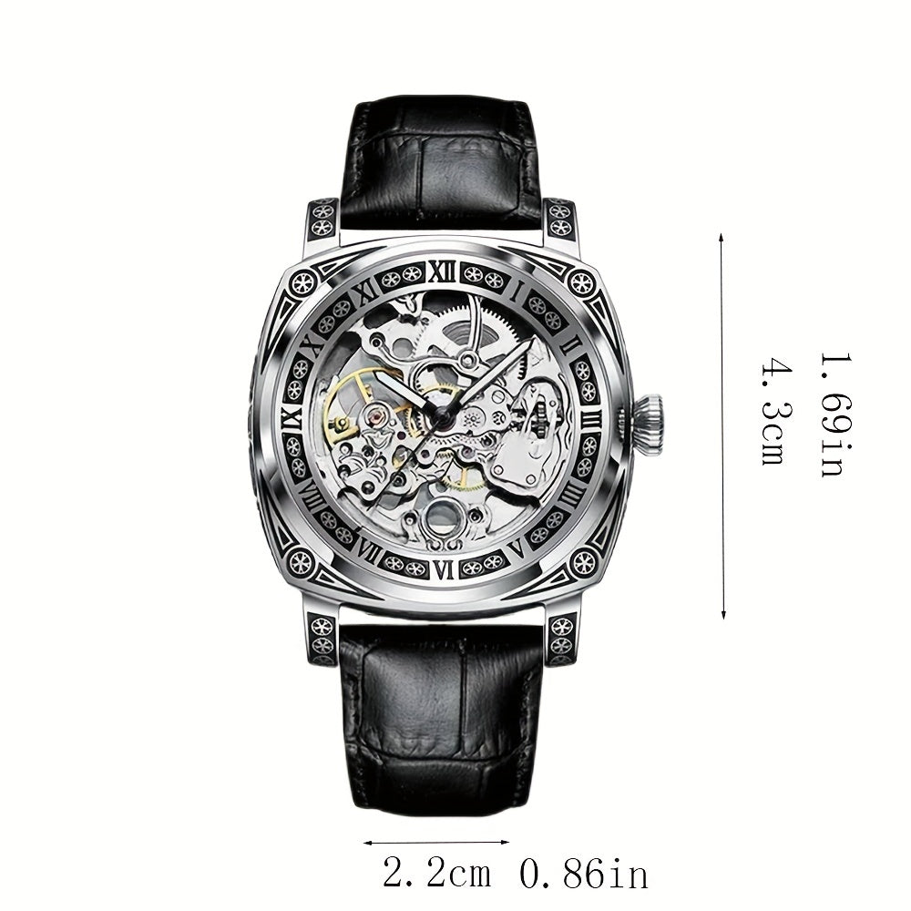 Men's Silver Retro Hollow-Out Automatic Mechanical Watch Business Style