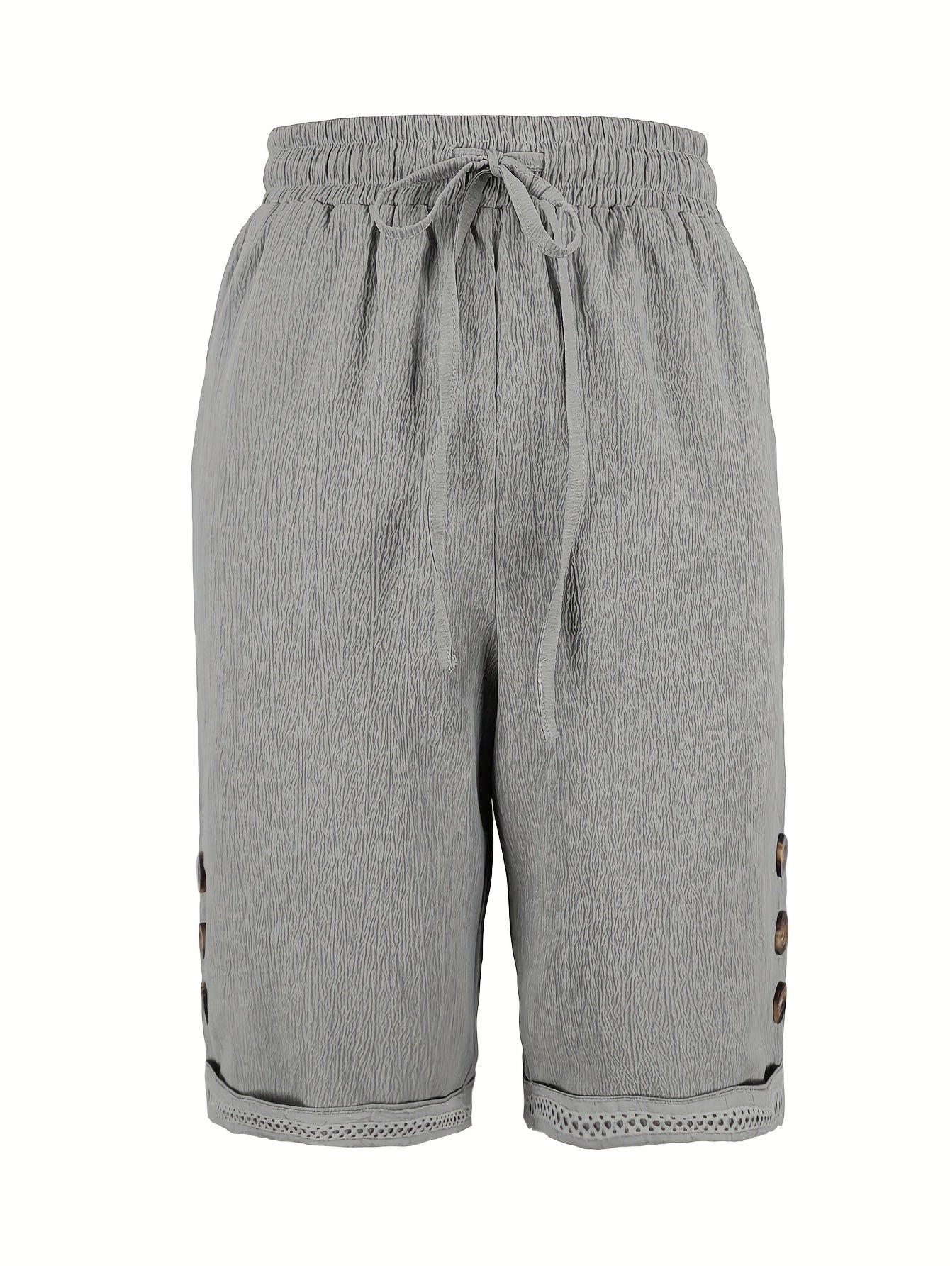 Women's Polyester Drawstring Capri Pants with Braided Hem and Faux Button Details