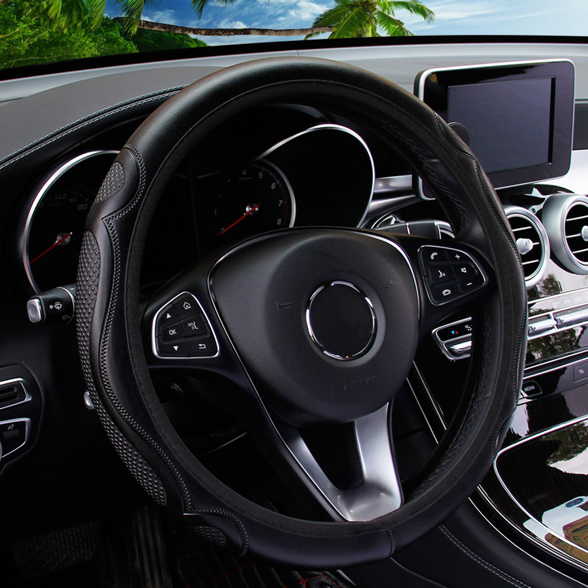 Universal Non-Slip PU Leather Steering Wheel Cover Black Red Stitching 36-38cm