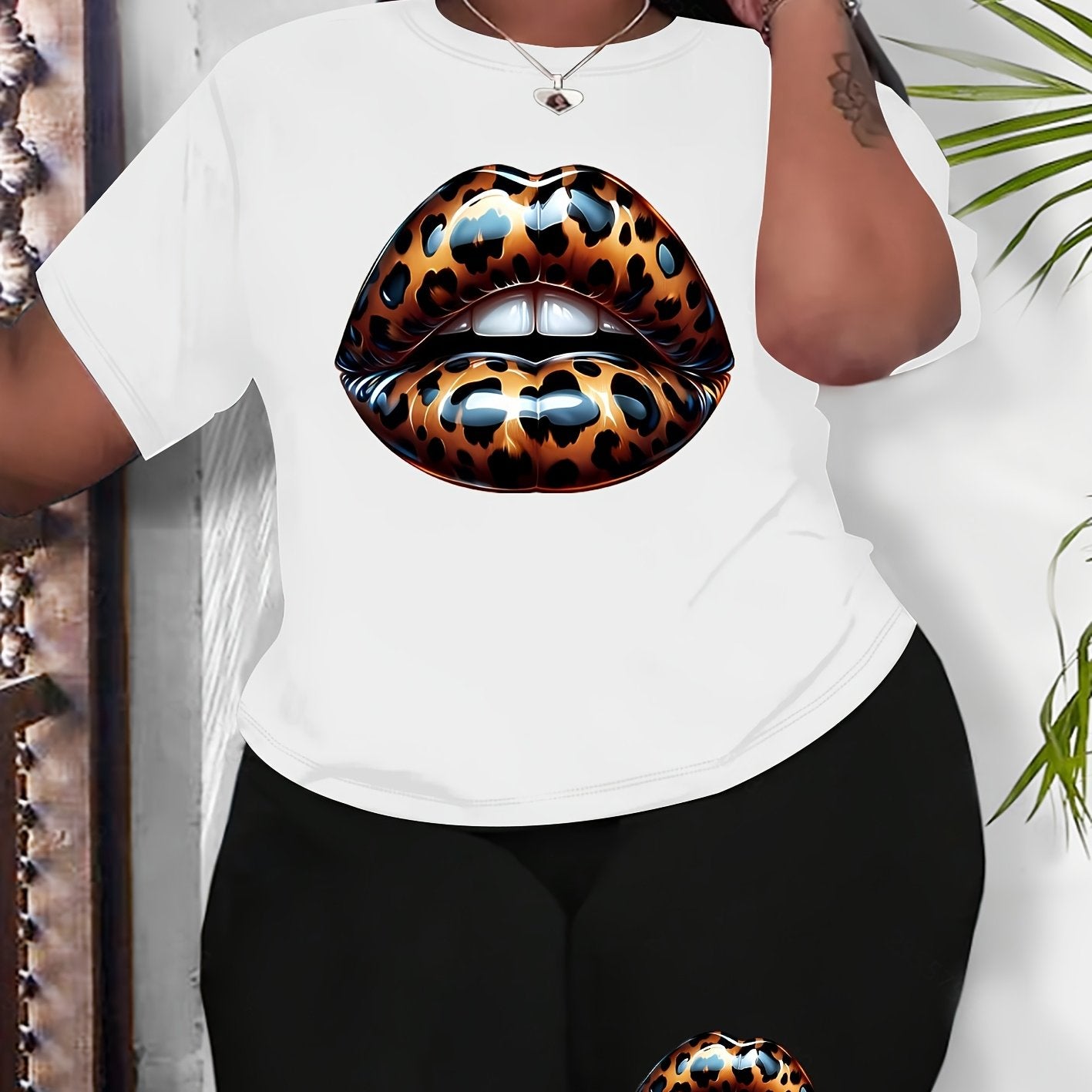 Women Plus Size Leopard Lip Print Casual Black Sportswear Set