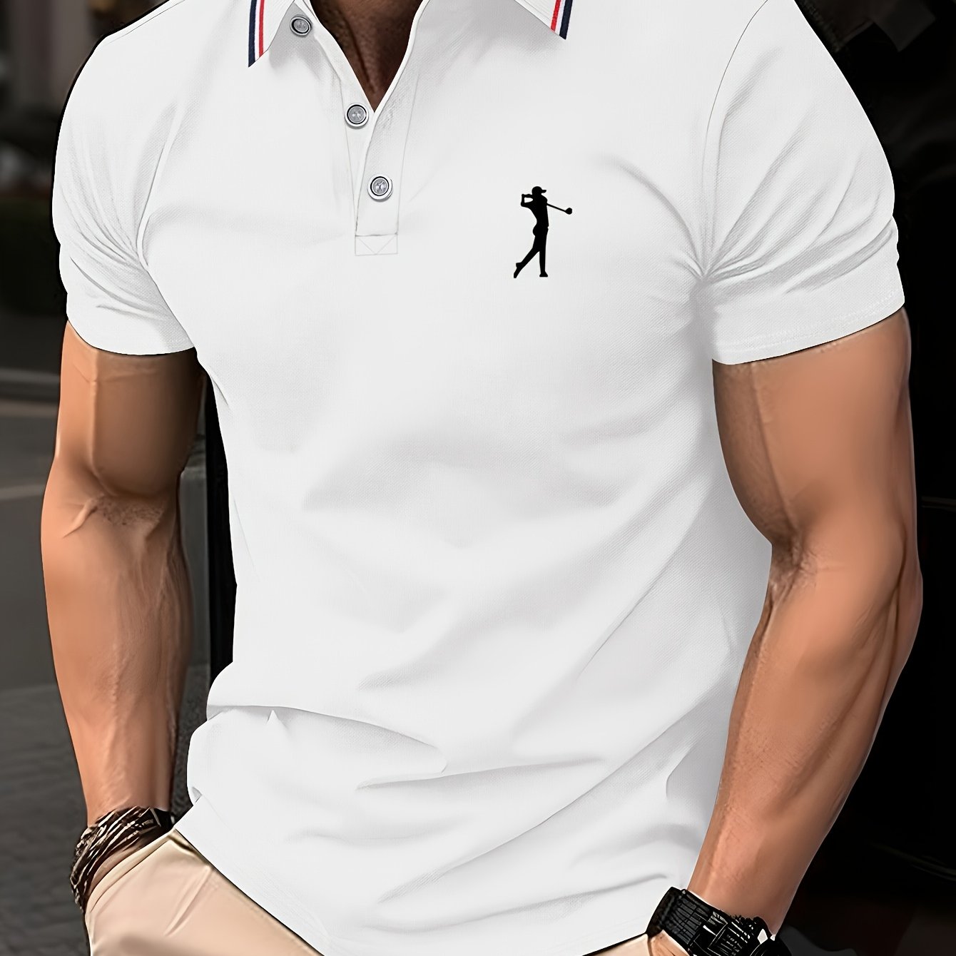 Men's Summer Golf Print Polo Shirt with Geometric Pattern and Short Sleeves