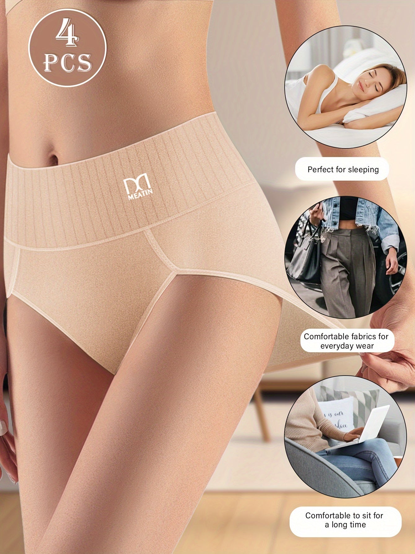 Women's Cotton Briefs Set 4 Pieces Breathable Stretchy Solid Color Underwear