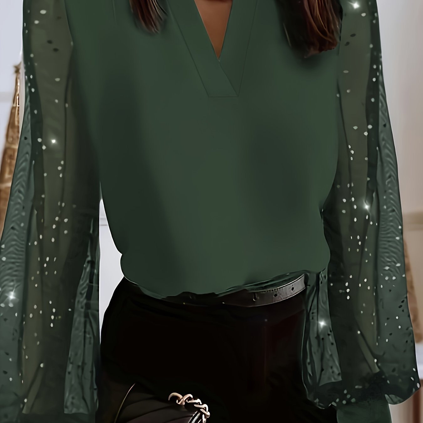 Women's V-Neck Blouse Long Sleeve Polyester Spandex Solid Color Casual Shirt