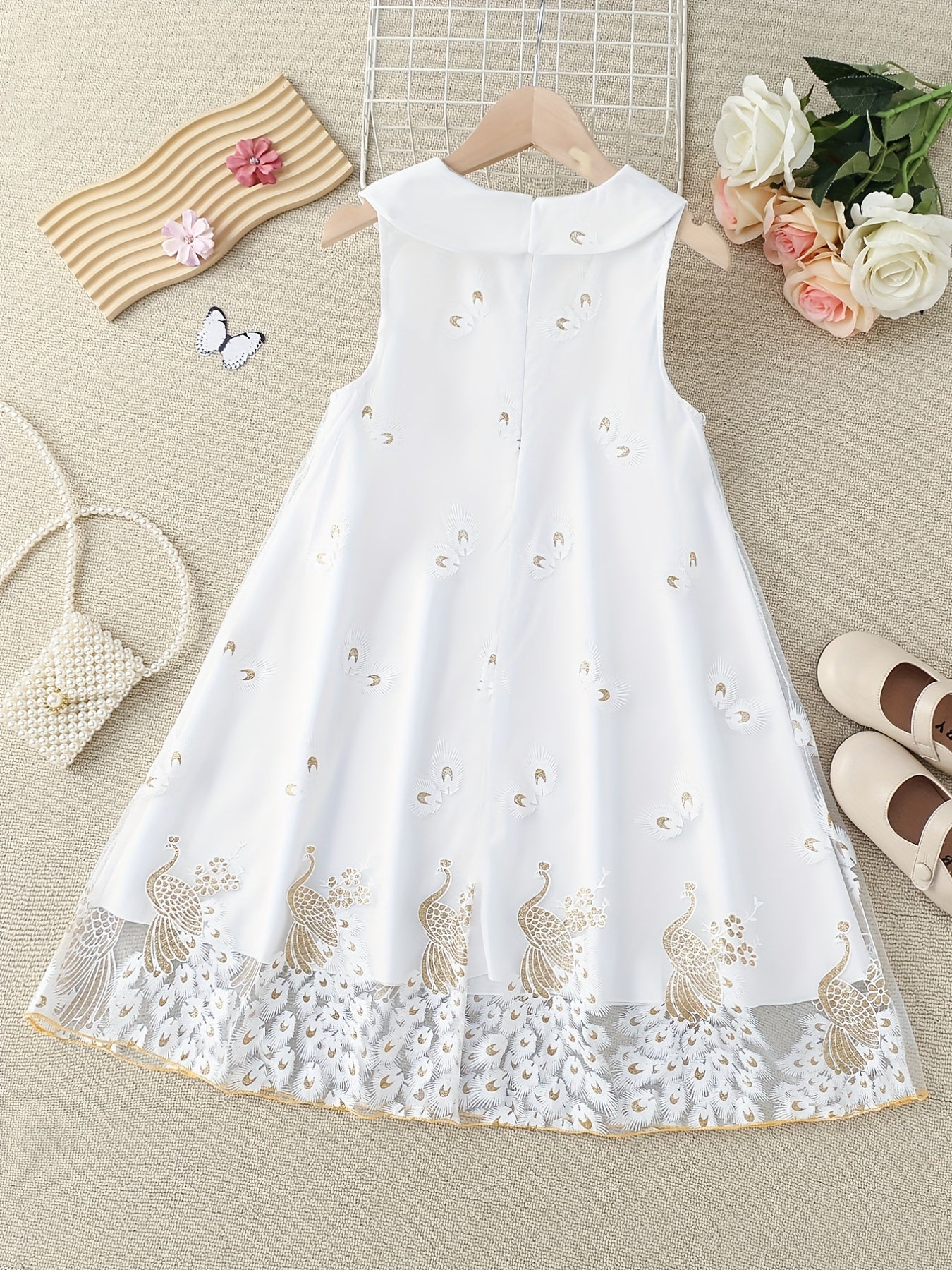 Toddler Girls Mesh Princess Dress with Peacock and Flower Pattern for Parties and Summer