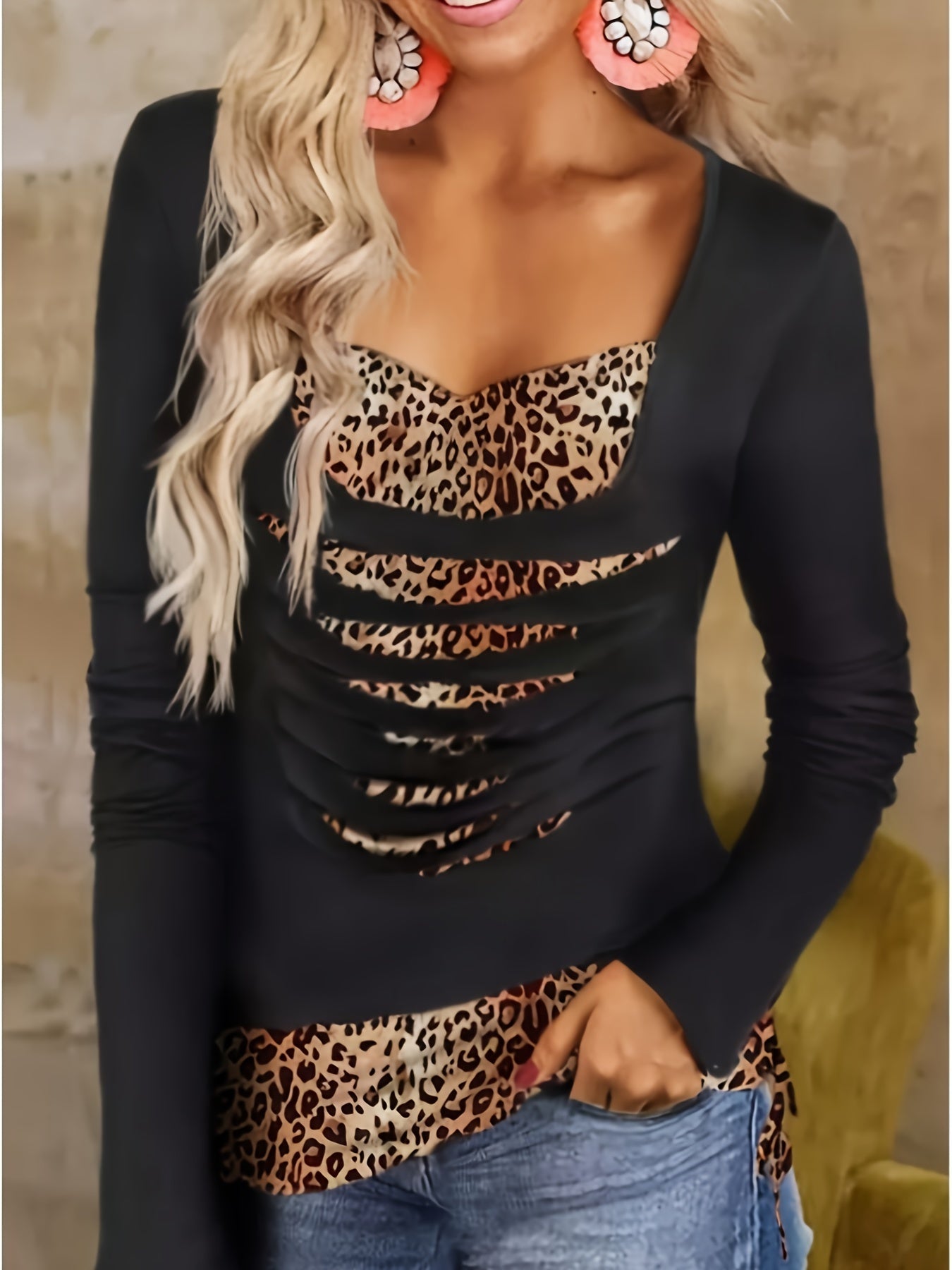 Plus Size Leopard Print T-Shirt Casual Ripped Long Sleeve Women’s Clothing