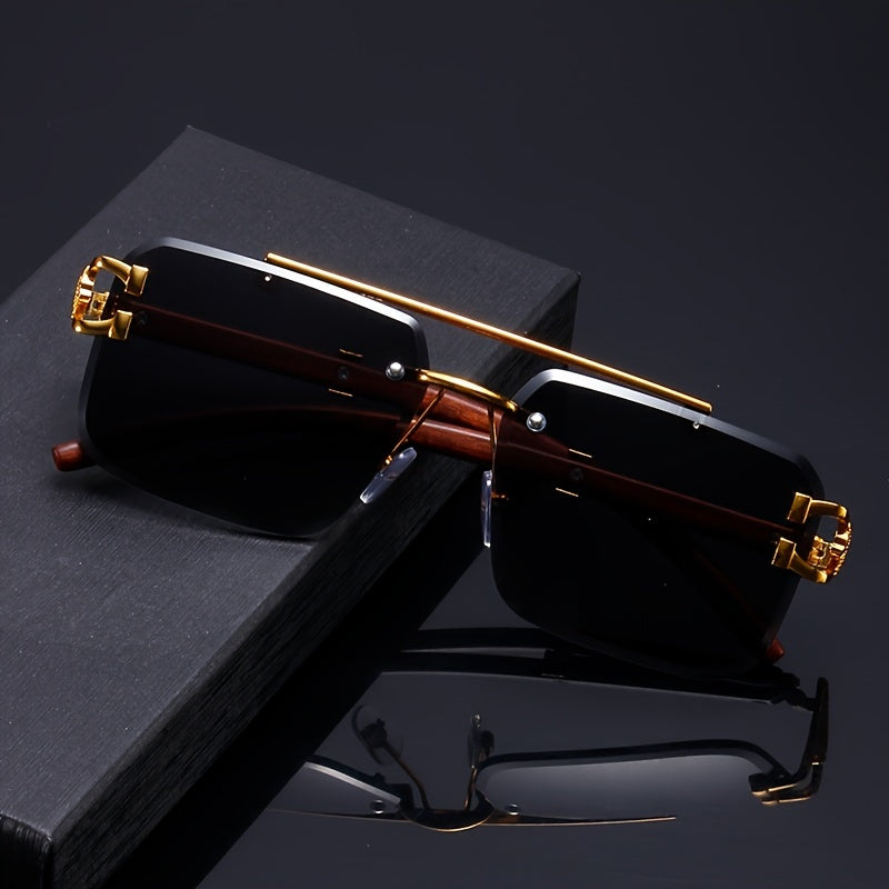 Unisex Frameless Glasses with Leopard Pattern Black Mirrored Lenses Metal Hinge Wood Grain Support for Hiking Travel Parties