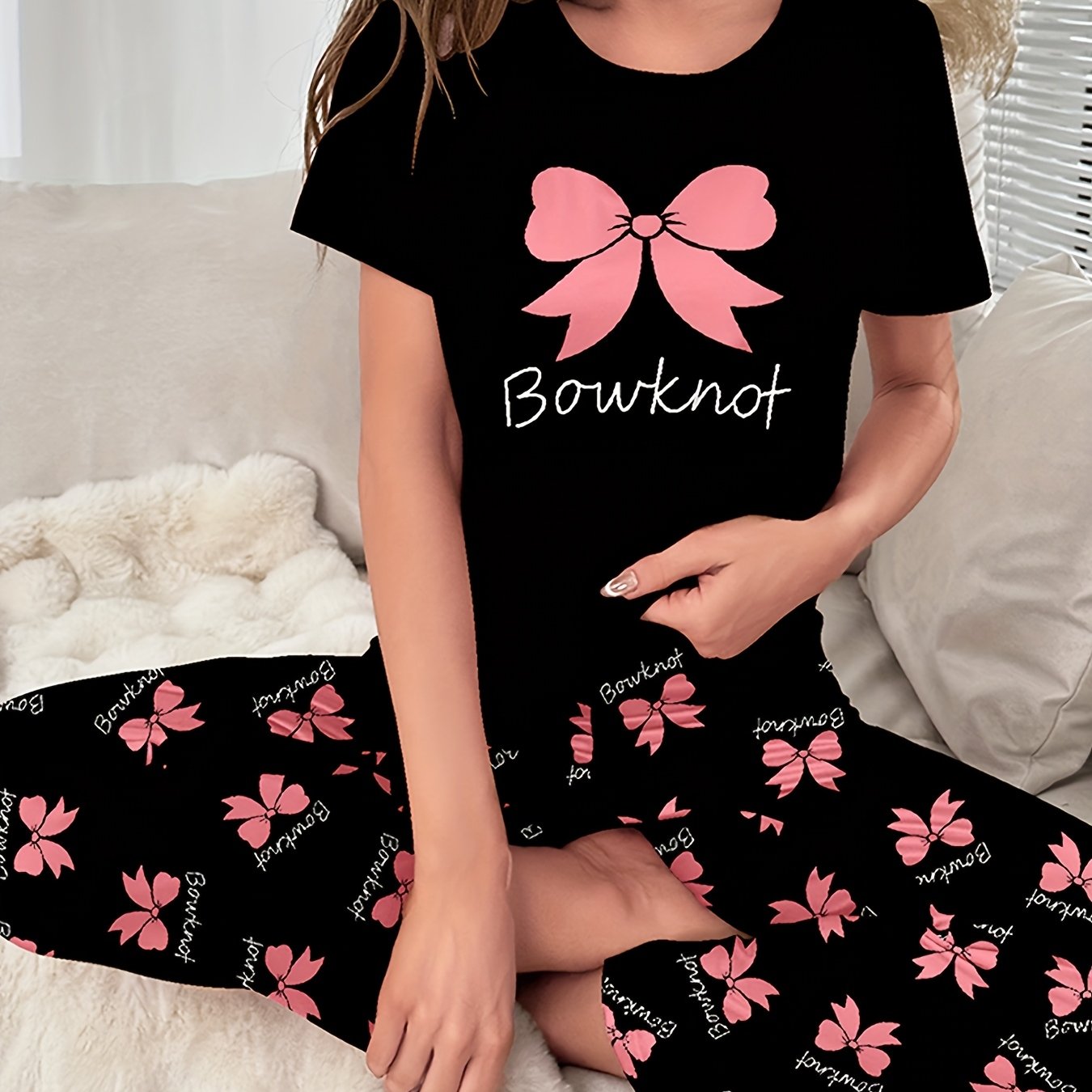 Women's Sleepwear Set with Bow and Slogan Print Short Sleeve Top and Elastic Pants
