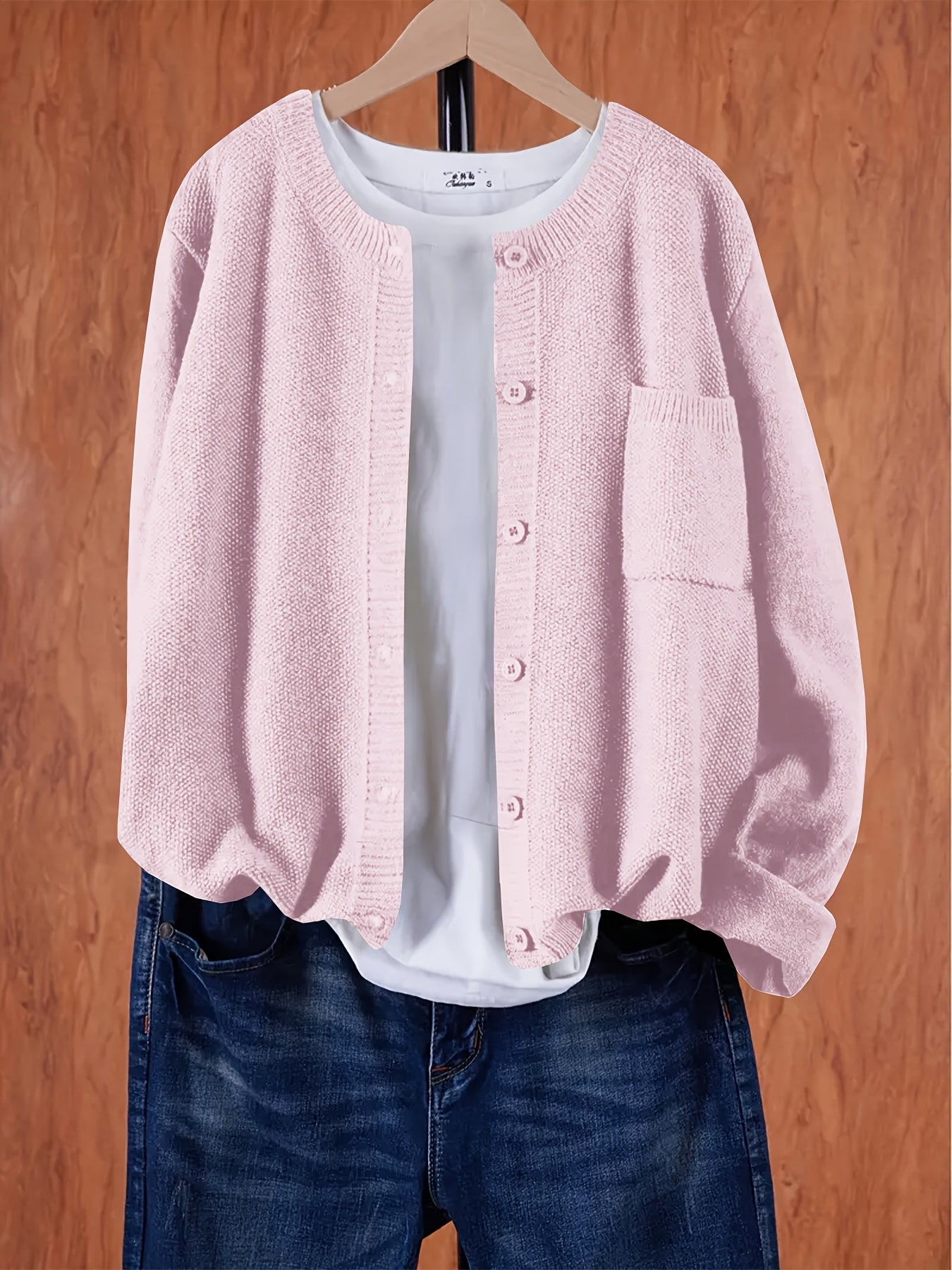 Cárdigan casual de punto para mujer talla grande rosa con botones y bolsillos