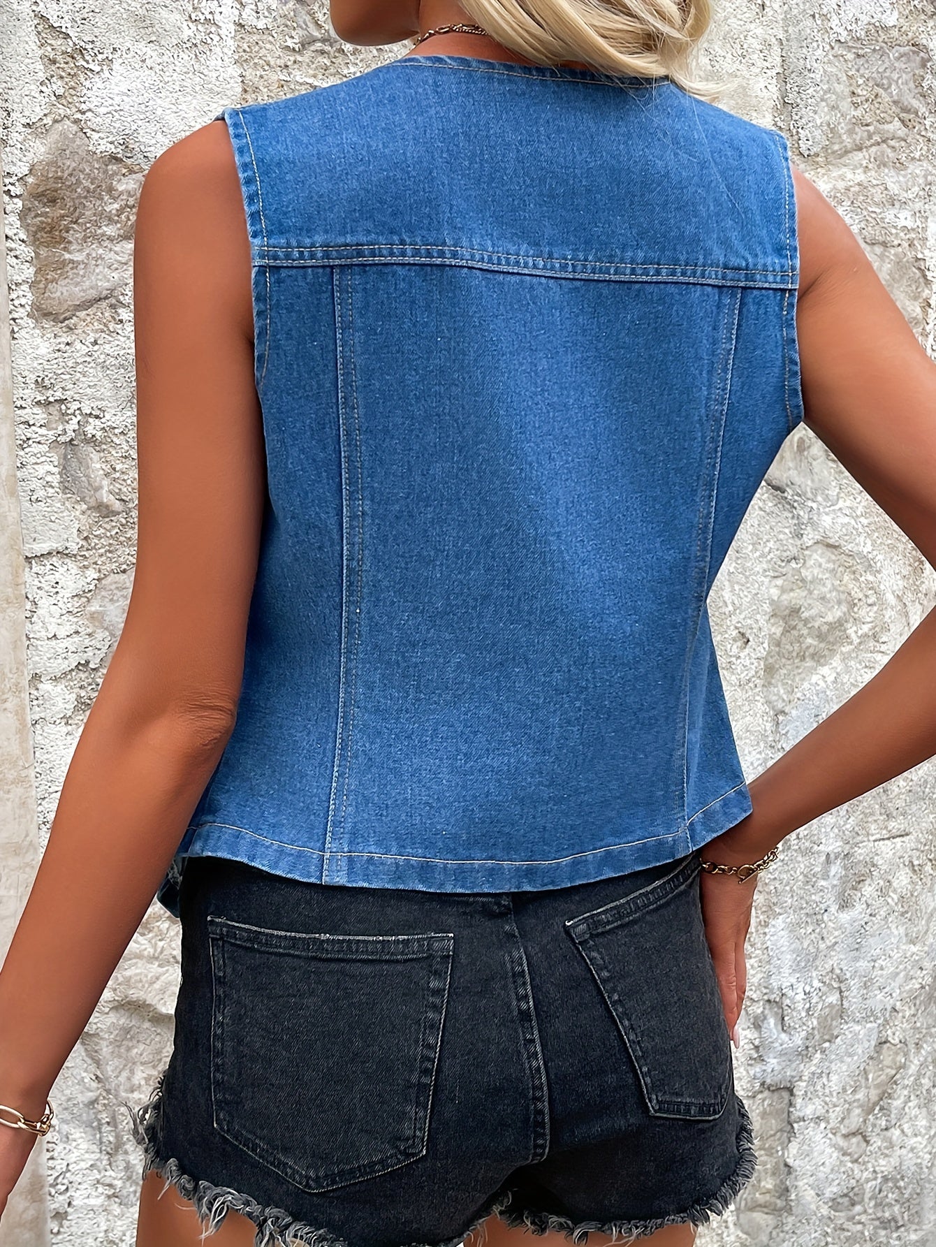 Plus Size Women's V-Neck Sleeveless Denim Vest Jacket with Belt and Button Closure