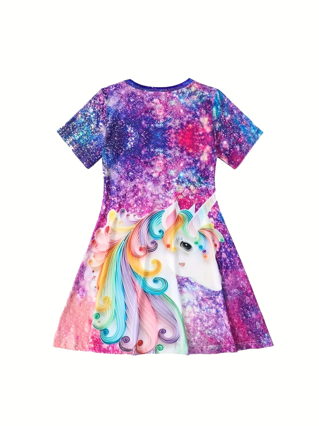 Girls' Unicorn Dress with Digital Print, Short Sleeves, Midi Length