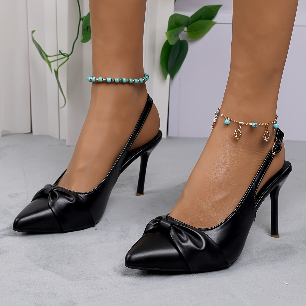 Women’s Faux Leather Slingback Sandals With Pointed Toe and Bow Detail