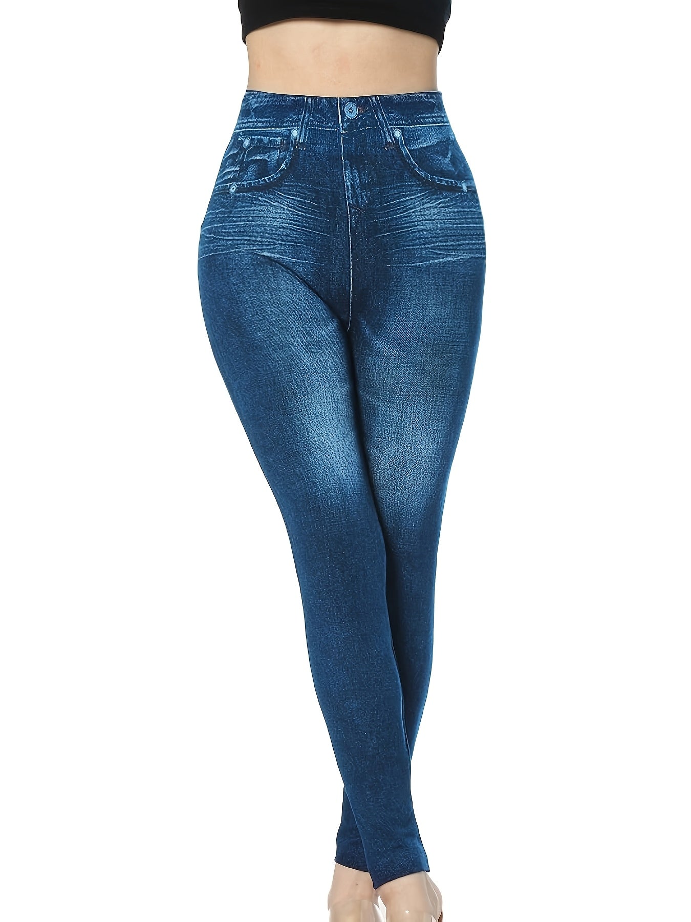 Plus Size Stretch Denim Look Leggings for Women with Faux Pockets and High Elasticity