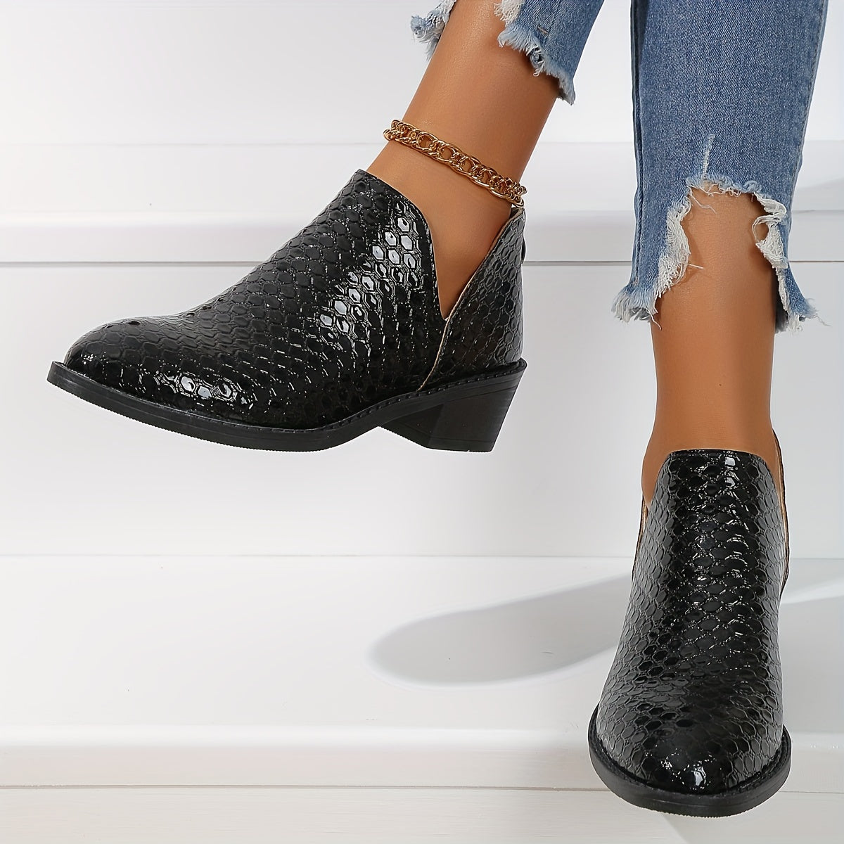 Women's Faux Leather V-Back Zip Ankle Boots with Block Heel and Round Toe