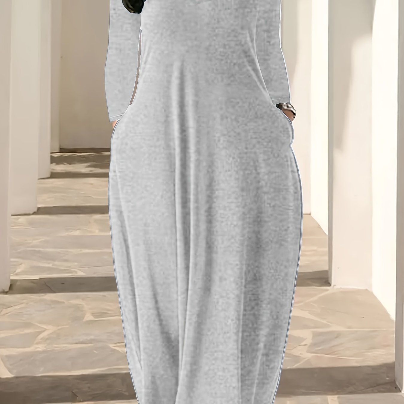 Plus Size Solid Color Maxi Dress with V Neck Long Sleeves Pockets