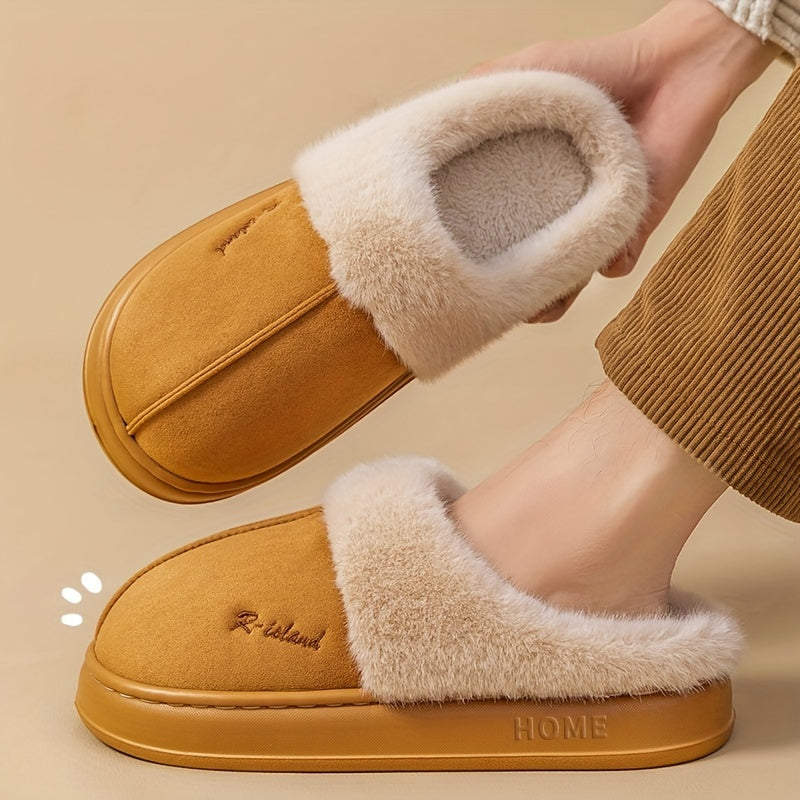 Vintage Plush Lined Round Toe Slippers for Winter Indoor Comfort