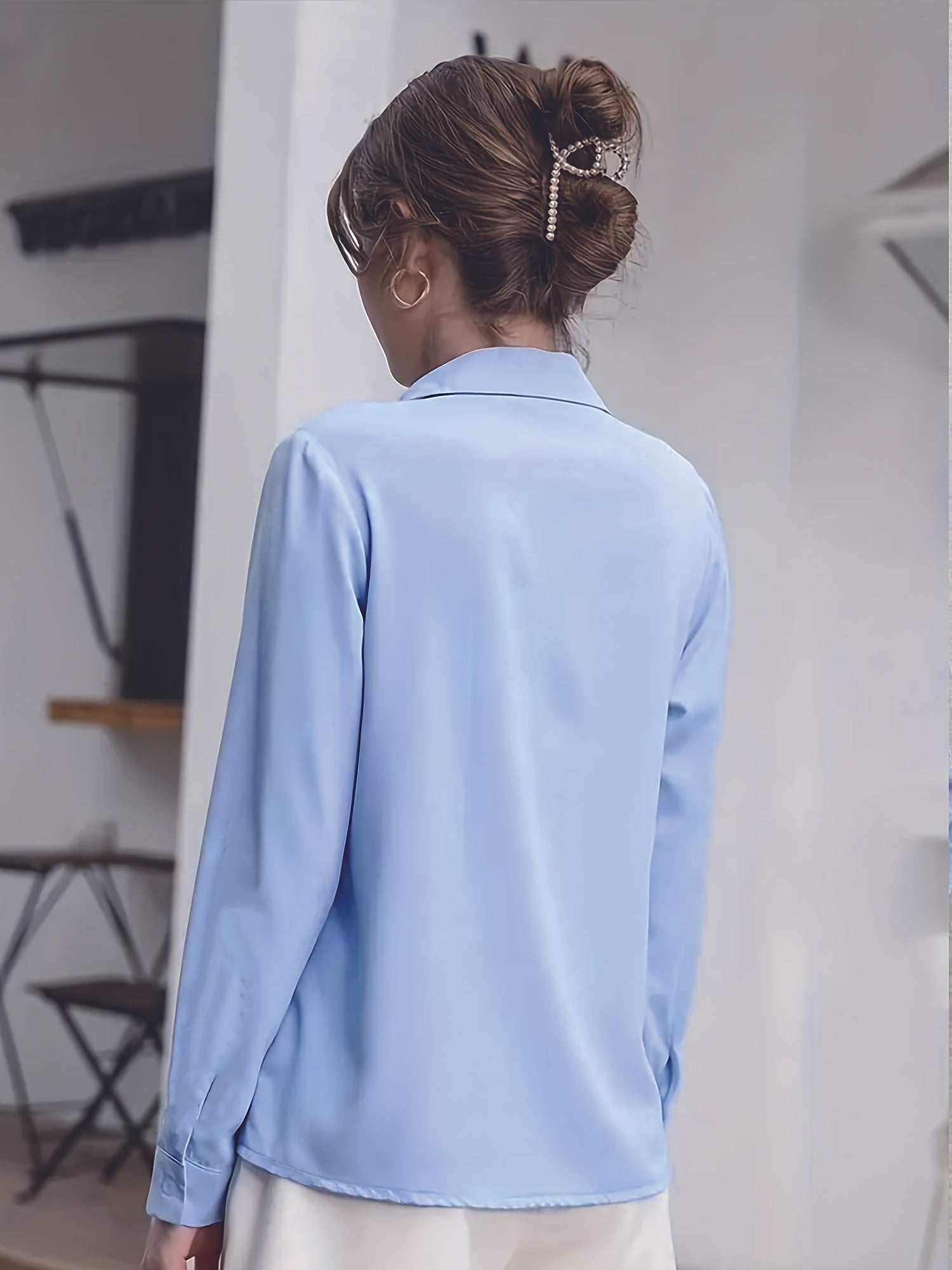 Camisa blanca de manga larga para mujer para trabajo y entrevistas de carrera poliéster sólido transparente primavera otoño