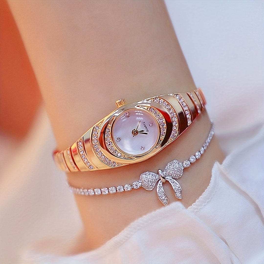 Women's Watch with Round Dial, Water Diamonds, Gold Quartz Movement