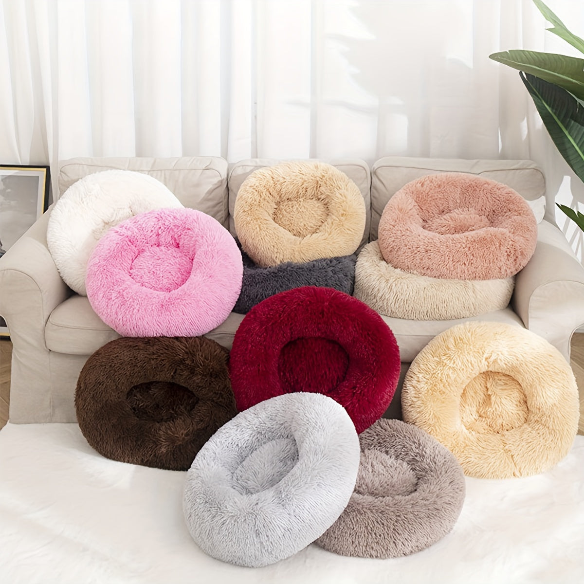 Round Fluffy Dog Bed with Non-Skid Bottom Polyester Material