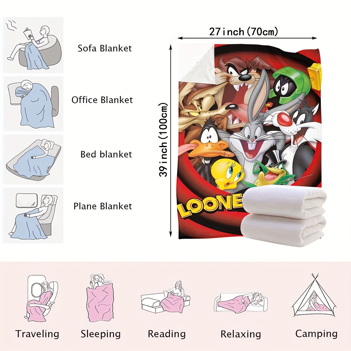 Looney Tunes Cartoon Characters Polyester Knitted Blanket Lightweight Throw for Bed Couch Travel