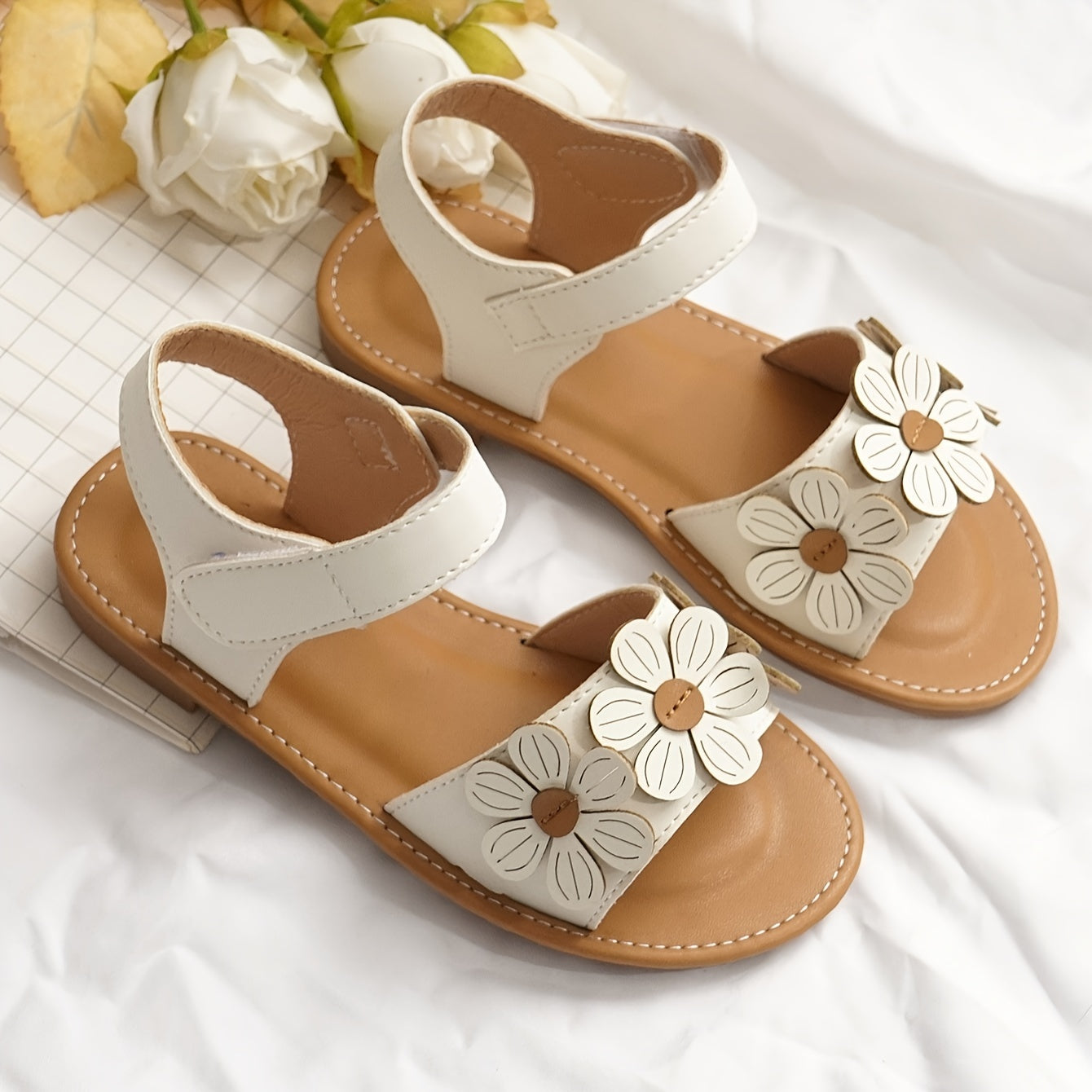 Girls Summer Sandals Floral Embroidery Breathable Light Brown Round Toe Hook-and-Loop Closure