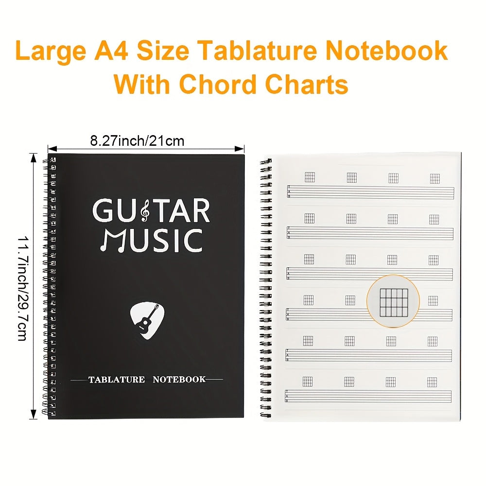 Cuaderno de práctica de guitarra con 50 hojas en blanco con pentagramas y diagramas de acordes
