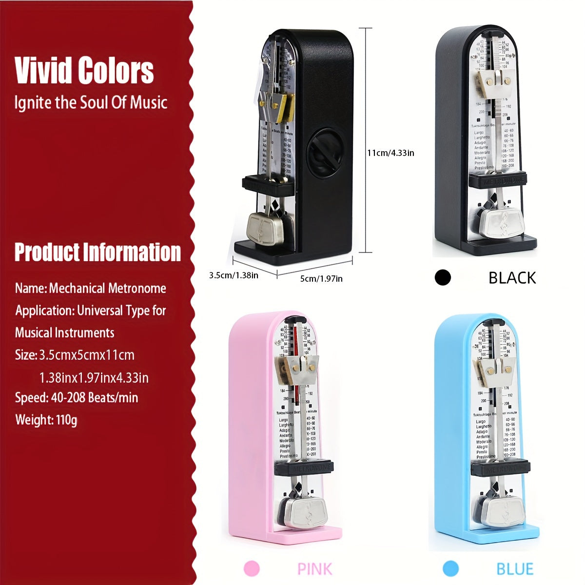 Mechanical Metronome for Guitar Violin Piano Black Blue Pink Rhythm Accessory