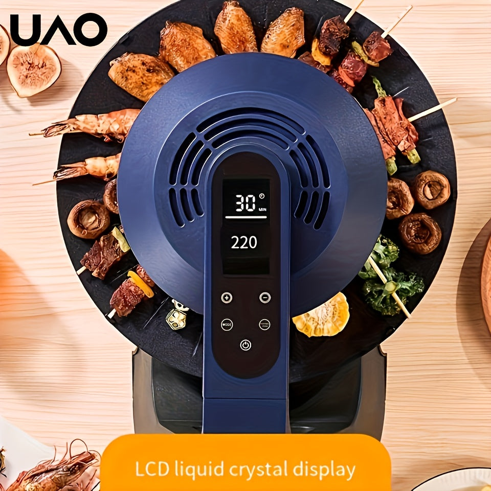 UAO Elektrik BBQ Grill LCD Touch Screen bilan, Cheksiz tutun chiqaradigan aylanuvchi barbekyu pech, ichki va tashqi foydalanish uchun mos. Uyda pishirish va tabiatda sayohat qilish uchun ideal, batareyaga ehtiyoj yo'q. Ajoyib grill qilish