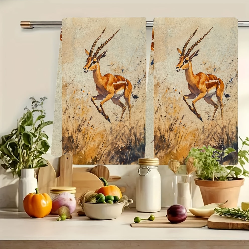 2 ta Ultra-Plush Oshxona Sochiqlari To'plami - Elegant Gazelle Grasslands Print, Super Qabul Qiluvchi va Oson Tozalanuvchi Qo'l Sochiqlari, Zamonaviy Qirg'oq Uslubi, 40.64x60.96 sm, Idish Sochiqlari