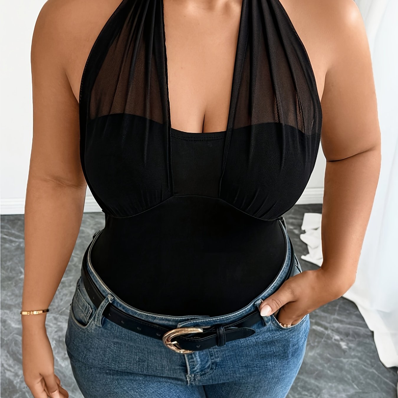 Женская блузка большого размера из сетки с халтером, черная, с переплетающимся узлом спереди, стильная вечерняя