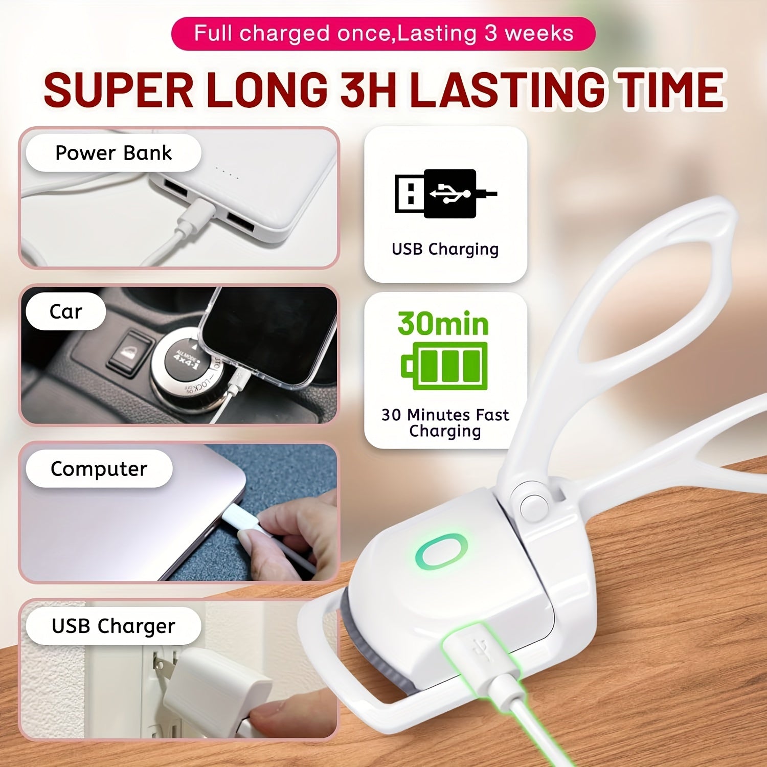 Rechargeable USB Electric Eyelash Curler 150mAh Lithium Battery Lightweight Travel Pink or White