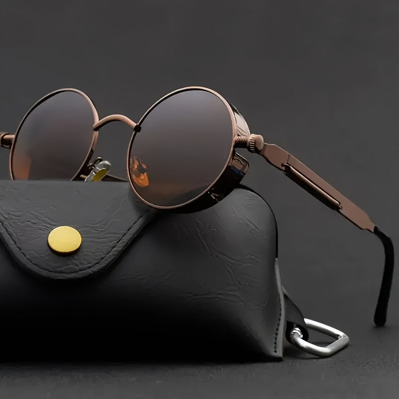 Men's Gold Round Steampunk Sunglasses with Spring Hinges