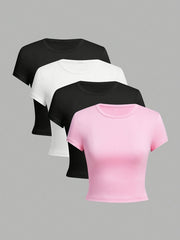 Women's Slim Fit Short Sleeve T-Shirts Pack of 4 Breathable Cotton-Polyester Summer Casual Tops Black Brown Pink White