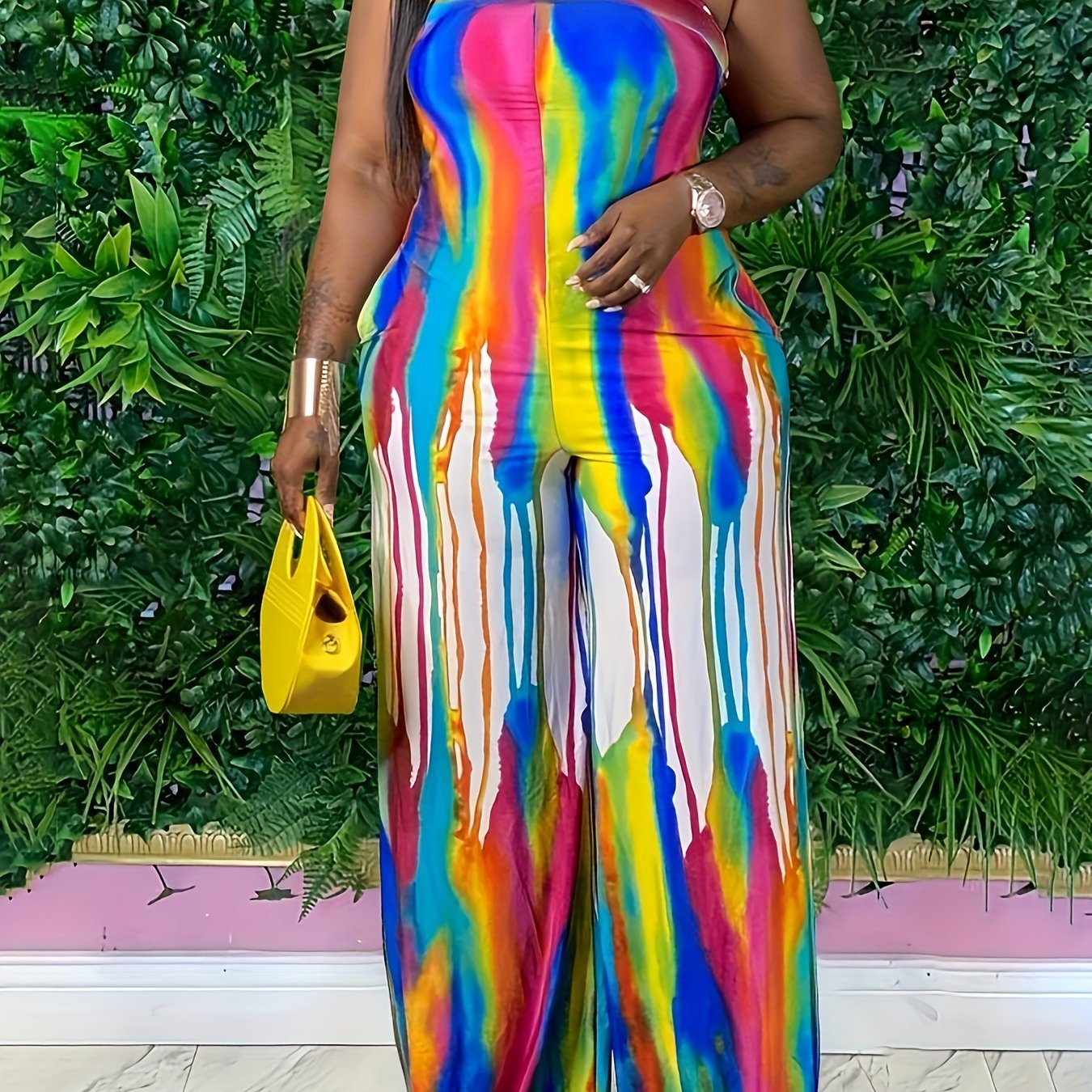 Women's Rainbow Print Off-Shoulder Jumpsuit Sleeveless Wide-Leg Polyester