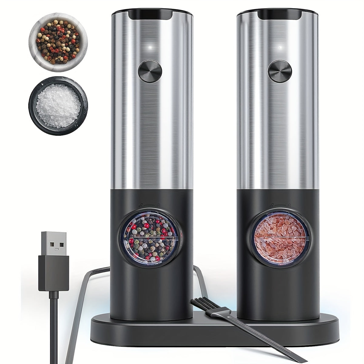 Set of 2 Stainless Steel Electric Salt and Pepper Grinders with Rechargeable Base