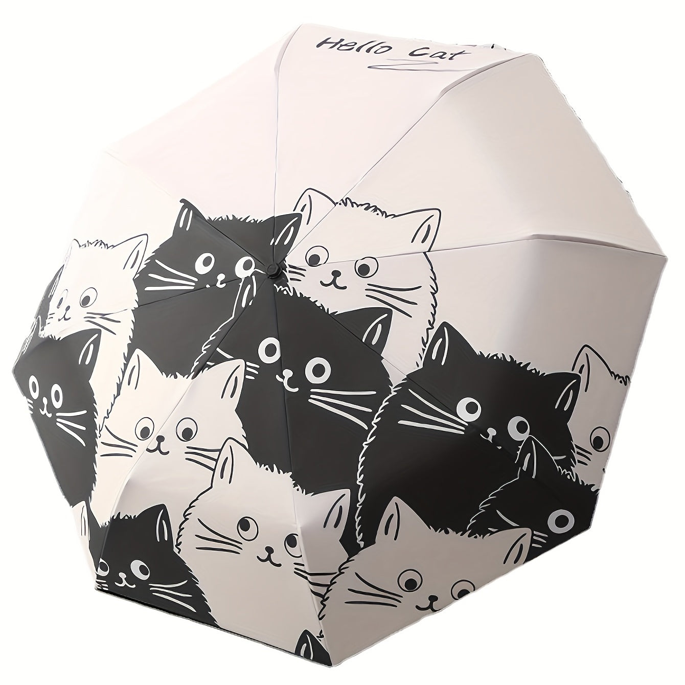 Cartoon Kittens Printed Automatic Umbrella UV Protection Black and White Reinforced Frame