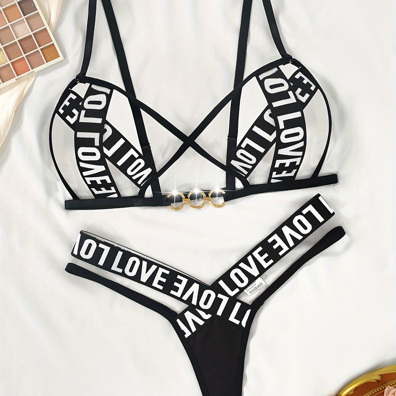 Sexy Lingerie Set with Cross Band Ring Decoration Bra and Low Waist Thong for Mature Women